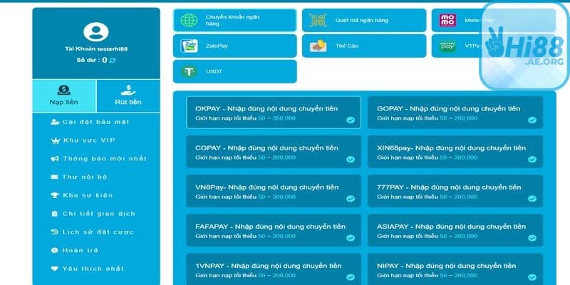 Hi88 cung cấp nhiều phương thức nạp tiền khác nhau